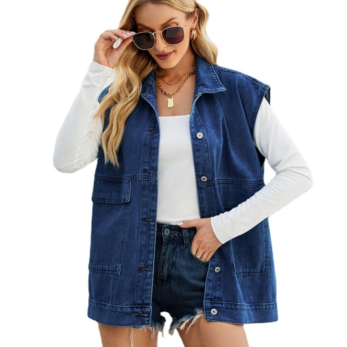 TIOZONEY - Chaqueta Jeans sin mangas Mujer - Azul Oscuro