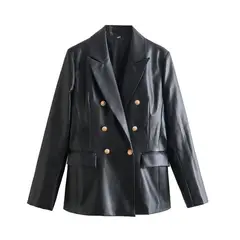 TIOZONEY - Chaqueta de traje de PU para mujeres - Negro