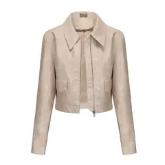TIOZONEY - Chaqueta de piel con cremallera para mujer-Beige