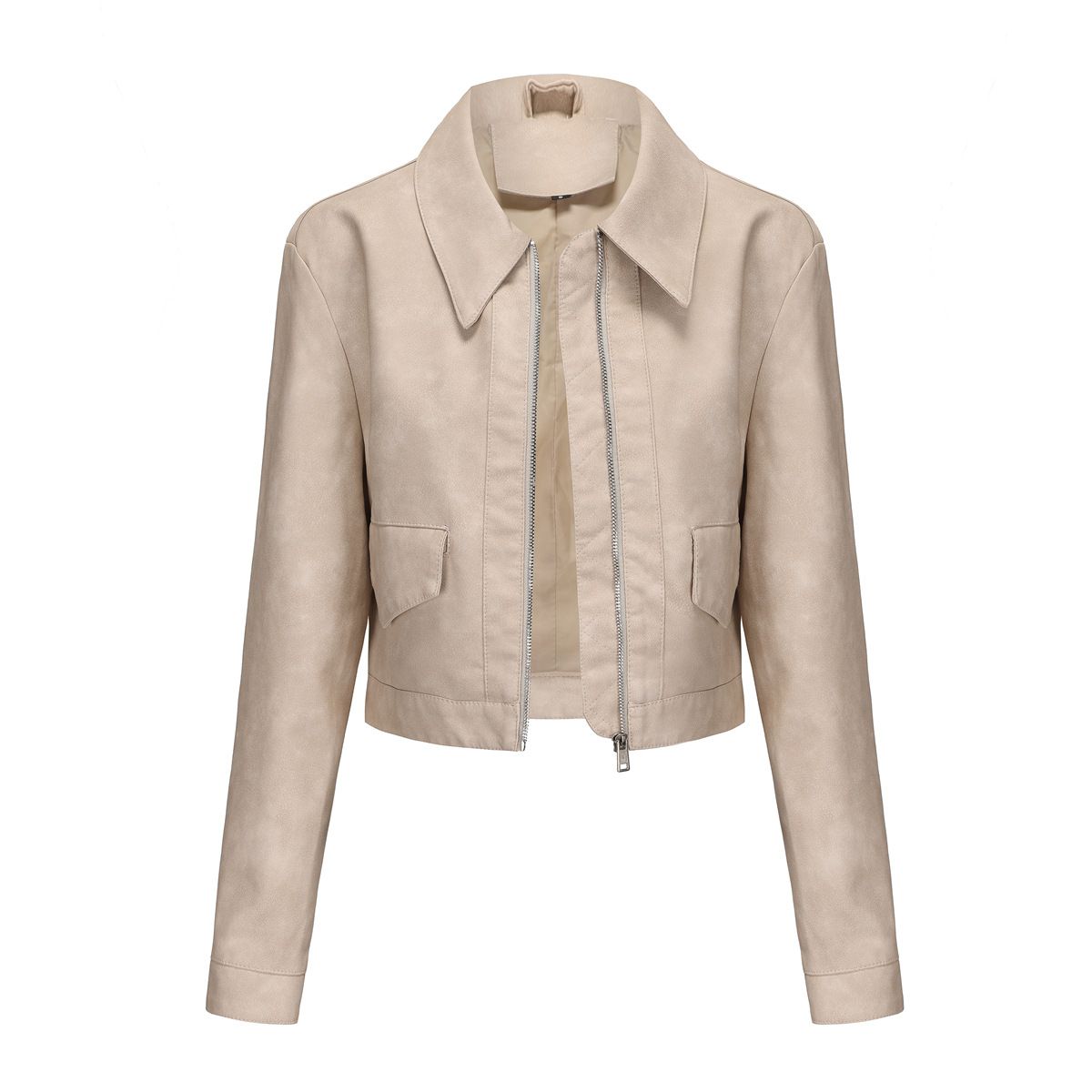 TIOZONEY - Chaqueta de piel con cremallera para mujer-Beige