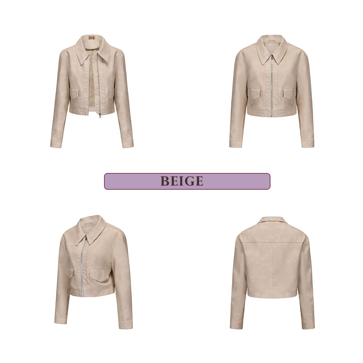 TIOZONEY - Chaqueta de piel con cremallera para mujer-Beige