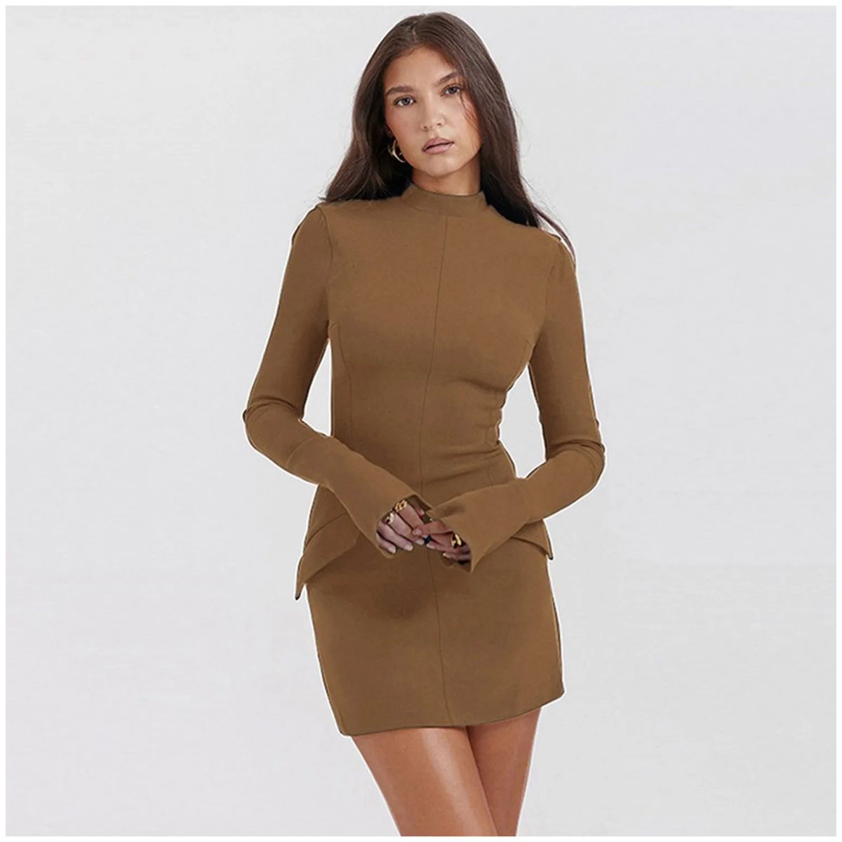 TIOZONEY - Vestido Mini manga larga para Mujer- Café Claro