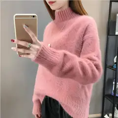 TIOZONEY - Suéter de cuello alto para mujeres - Rosado - Rosa Fuerte XL