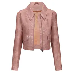 TIOZONEY - Chaqueta de piel con cremallera para mujer-Rosa