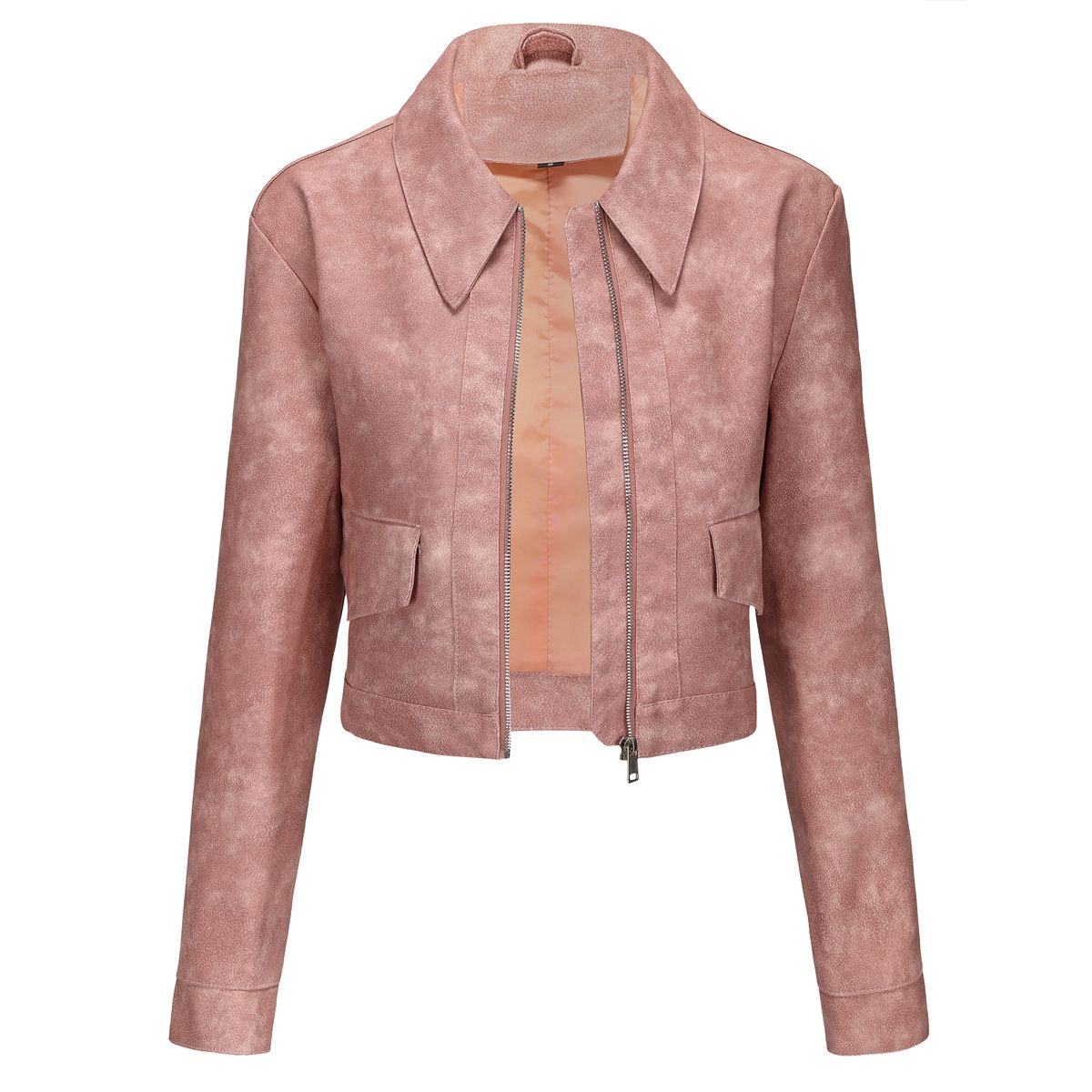 TIOZONEY - Chaqueta de piel con cremallera para mujer-Rosa