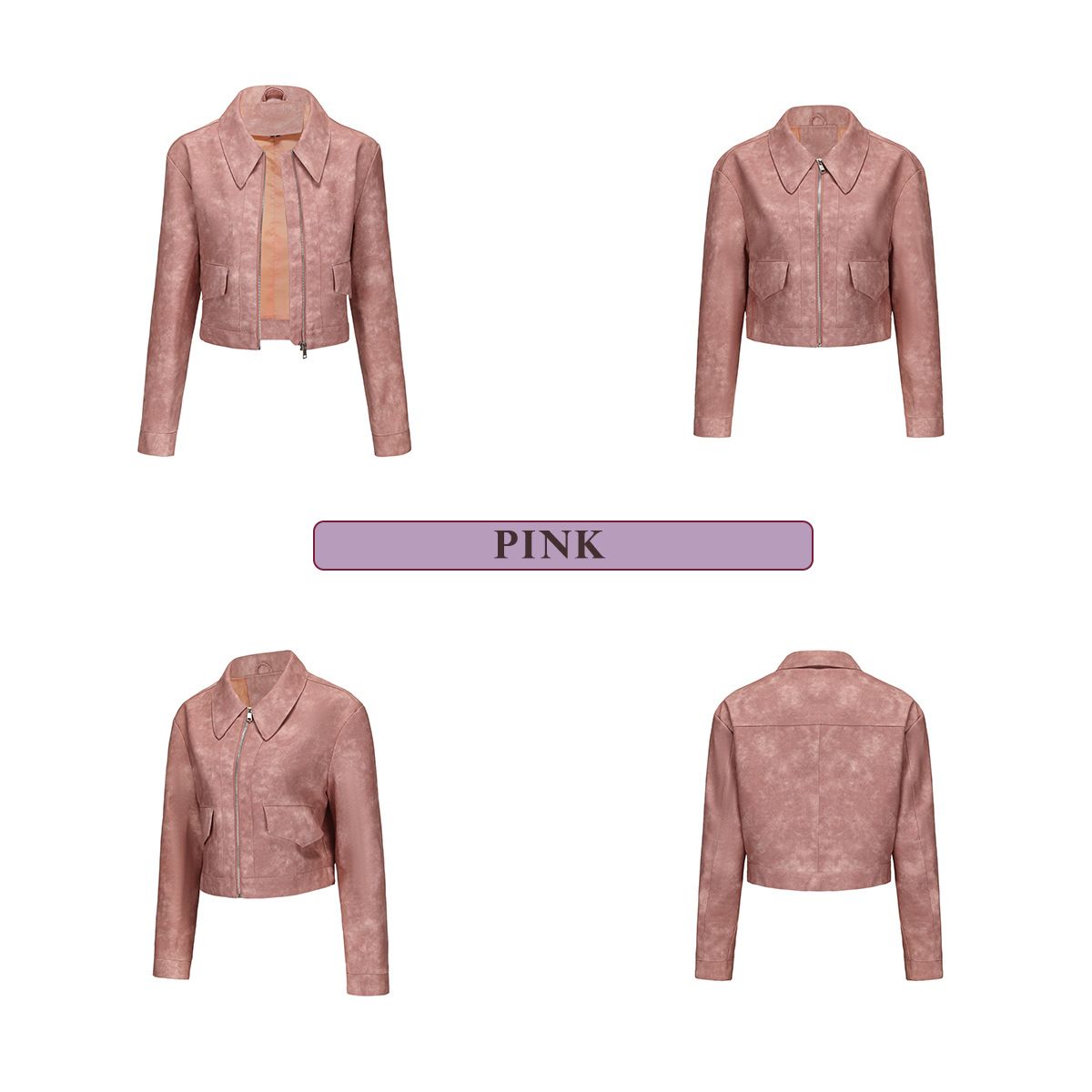 TIOZONEY - Chaqueta de piel con cremallera para mujer-Rosa