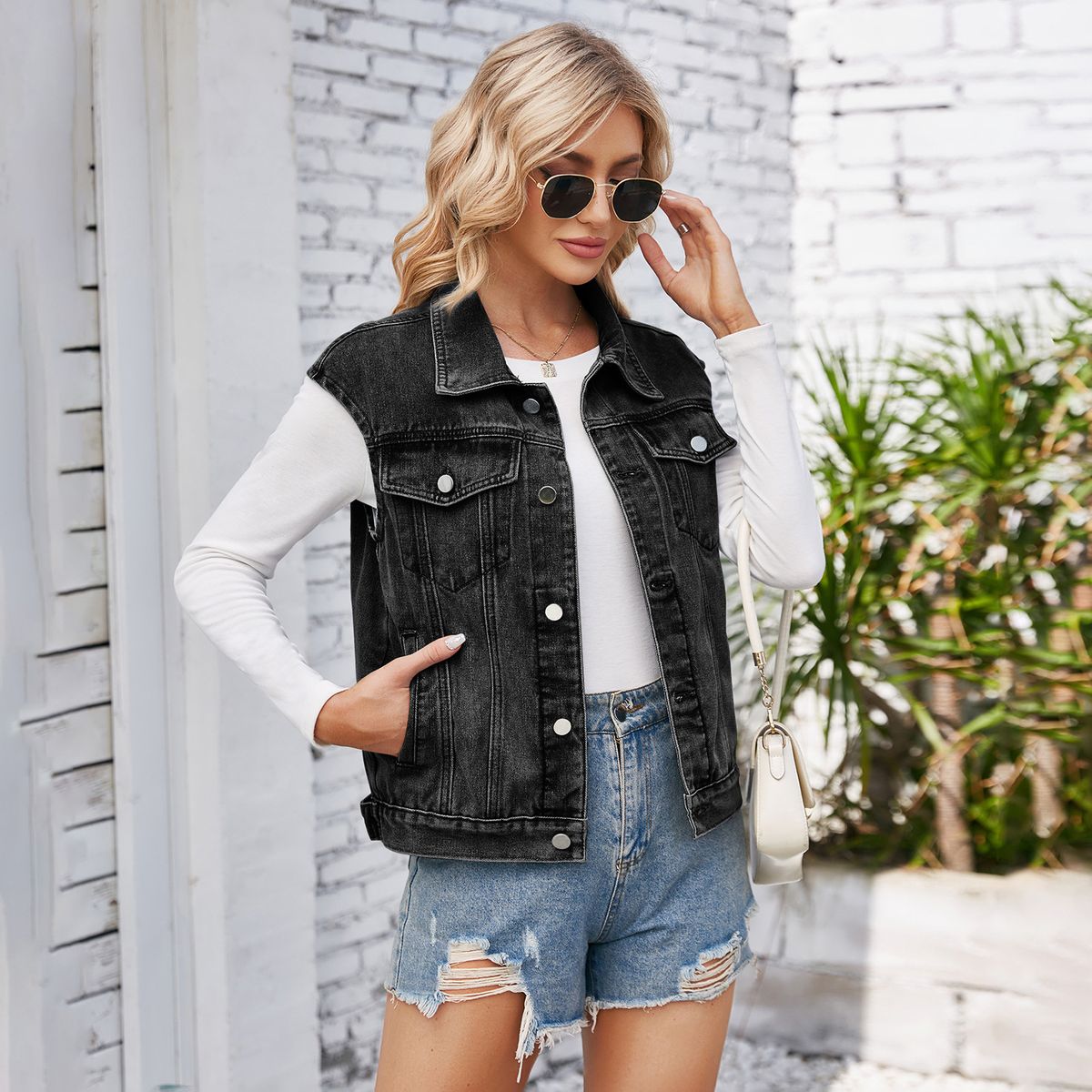 TIOZONEY - Chaqueta mezclilla sin mangas Mujer