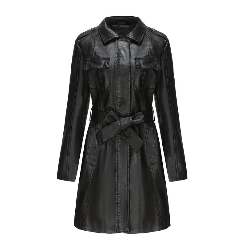 TIOZONEY - Abrigo largo PU con lazo para mujer - Negro