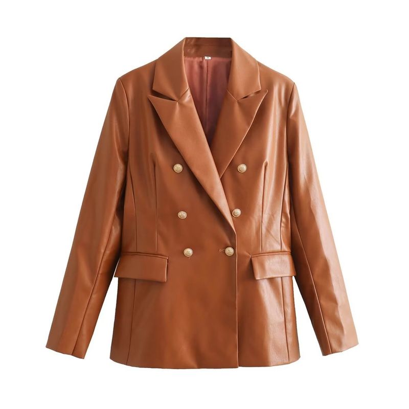 TIOZONEY - Chaqueta de traje de PU para mujeres - Marrón