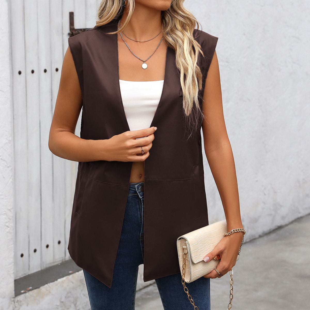 TIOZONEY - Chaleco de mujer sin mangas Chaqueta de PU