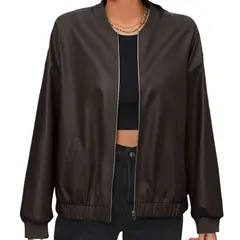 TIOZONEY - Chaqueta de cuero con cremallera para mujer Loose