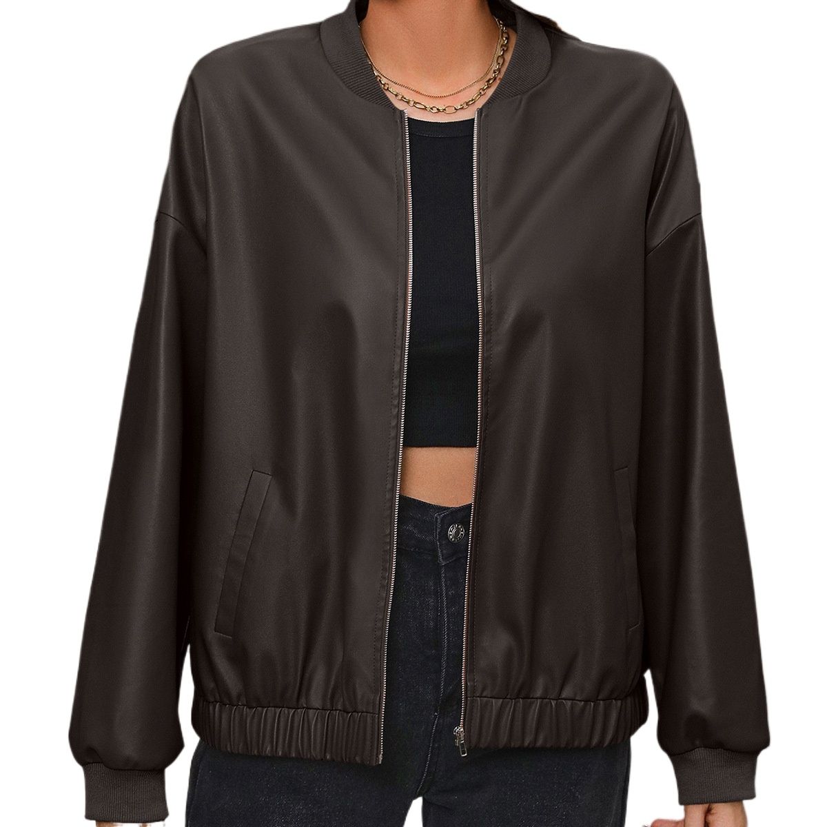 TIOZONEY - Chaqueta de PU con cremallera para mujer Loose