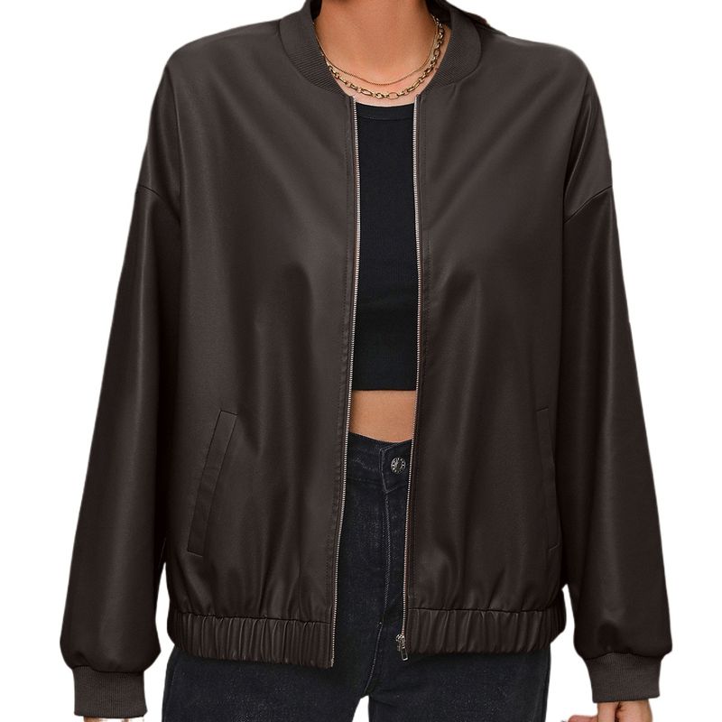TIOZONEY - Chaqueta de cuero con cremallera para mujer Loose