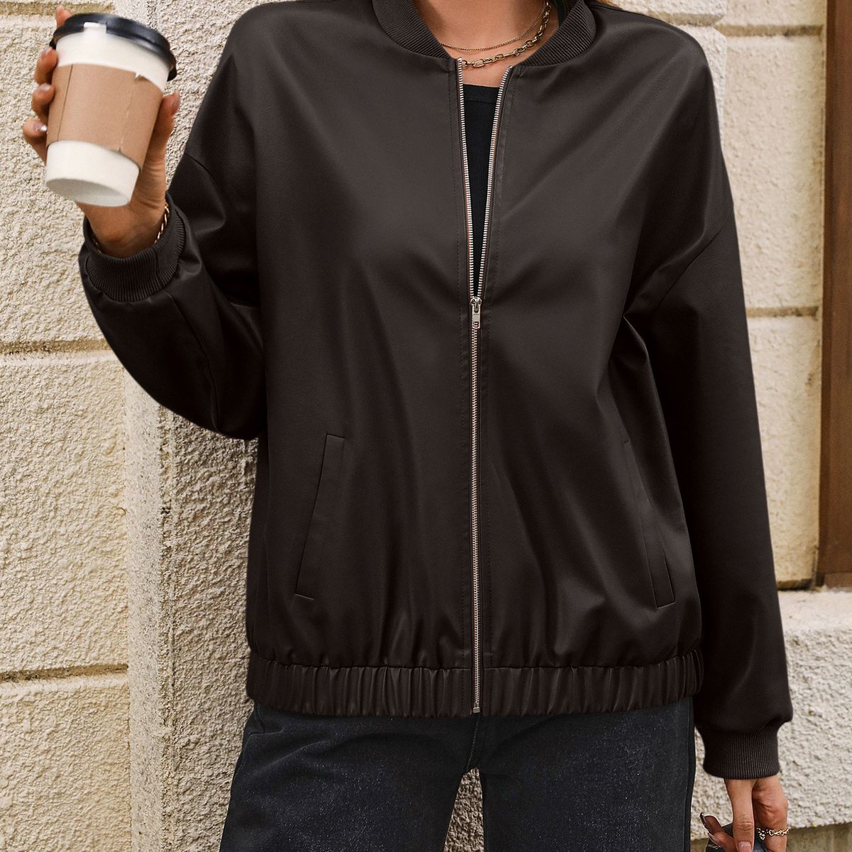 TIOZONEY - Chaqueta de PU con cremallera para mujer Loose