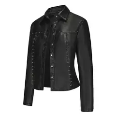 TIOZONEY - Chaqueta de cuero con tachuelas para mujer-Negro