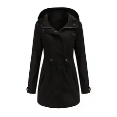 TIOZONEY - Cortavientos largo con gorro para mujer - Negro