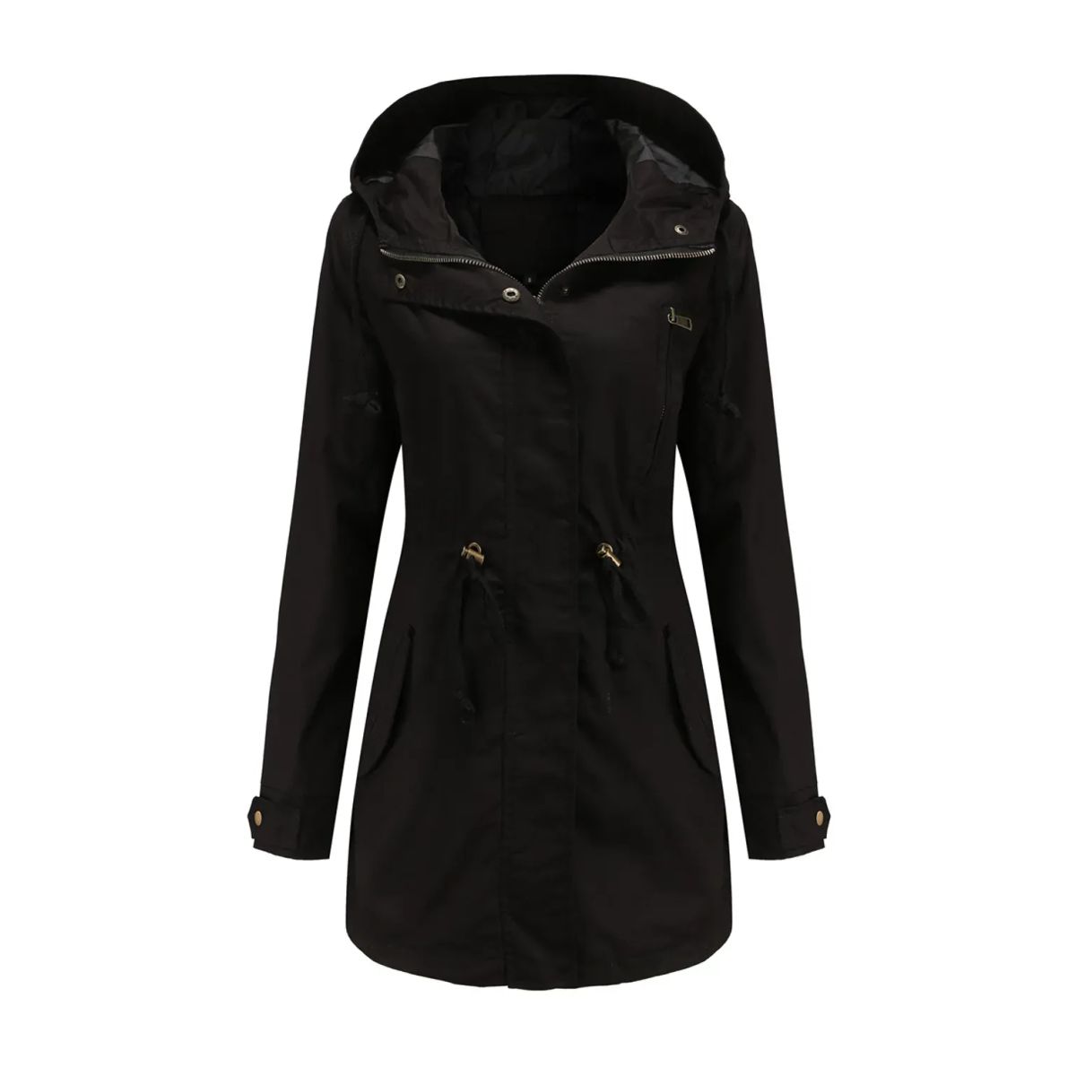 TIOZONEY - Cortavientos largo con gorro para mujer - Negro