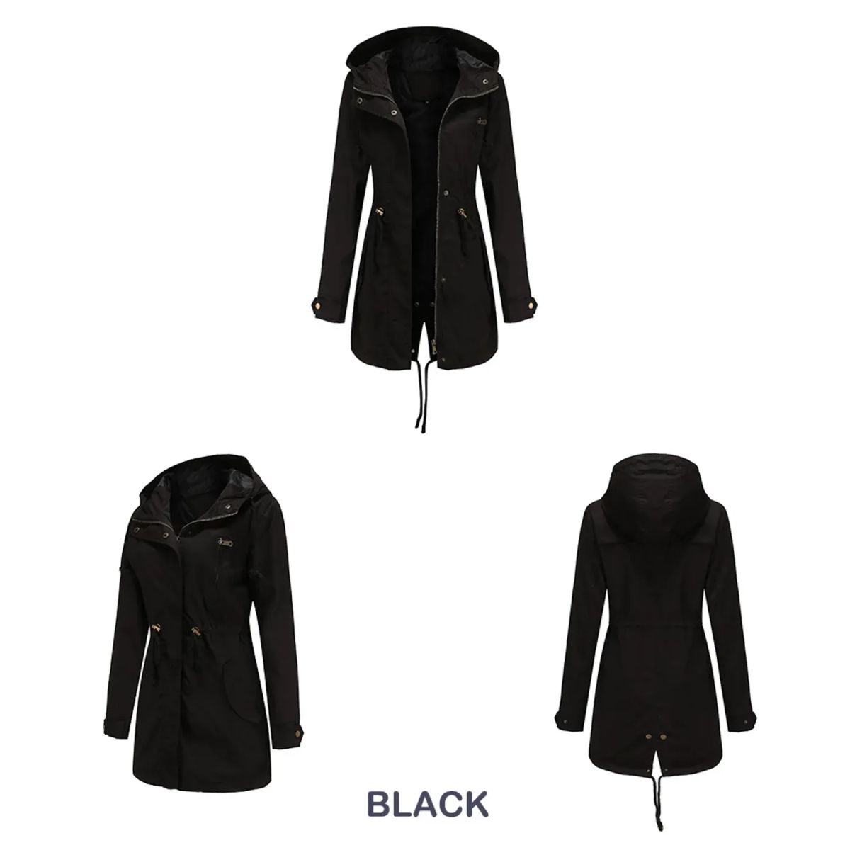 TIOZONEY - Cortavientos largo con gorro para mujer - Negro