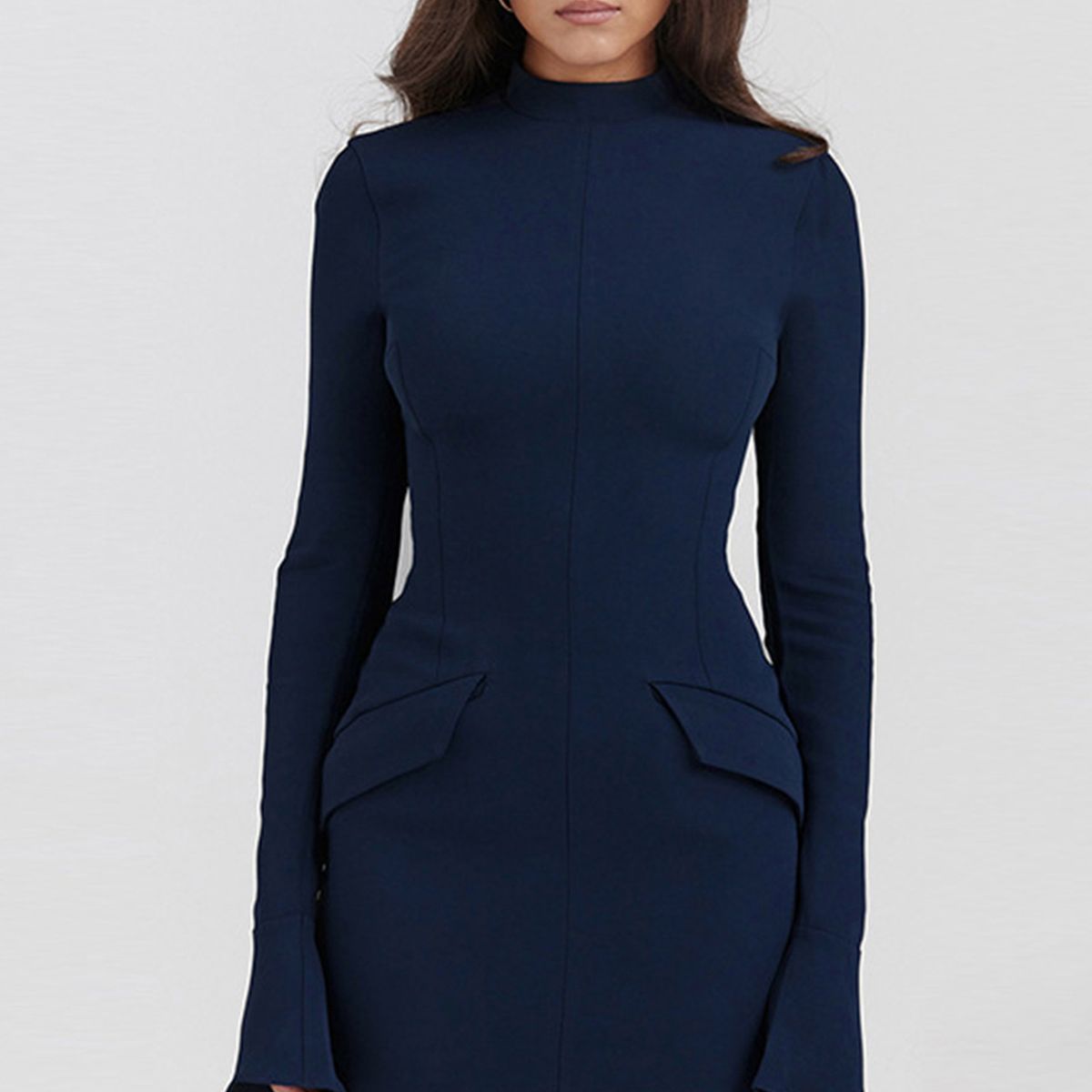 TIOZONEY - Vestido Mini manga larga para Mujer- Azul