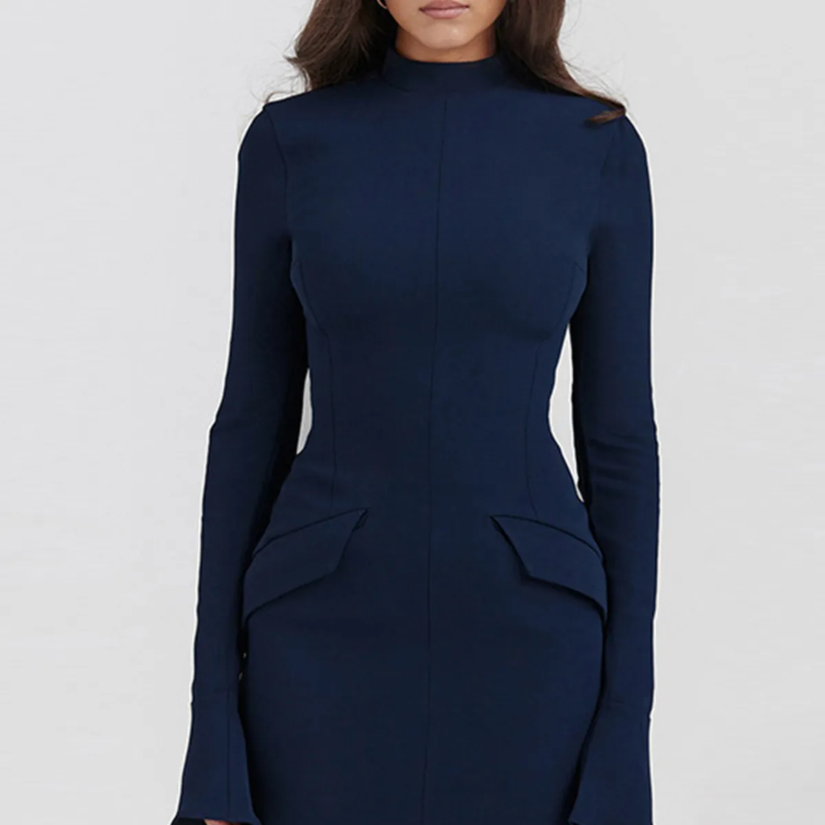 TIOZONEY - Vestido Mini manga larga para Mujer- Azul