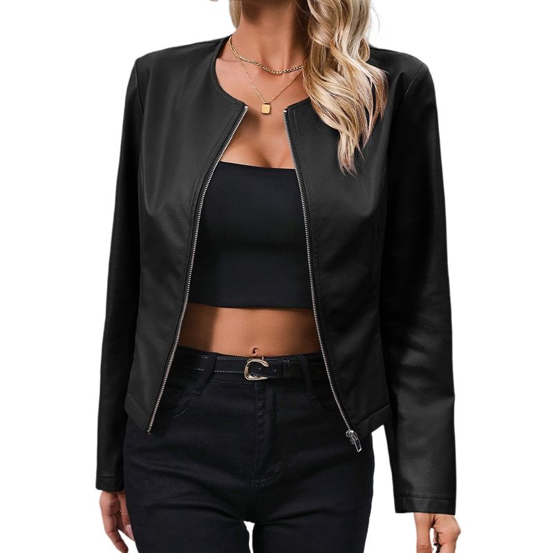 TIOZONEY - Chaqueta de cuero de manga larga y cuello redondo