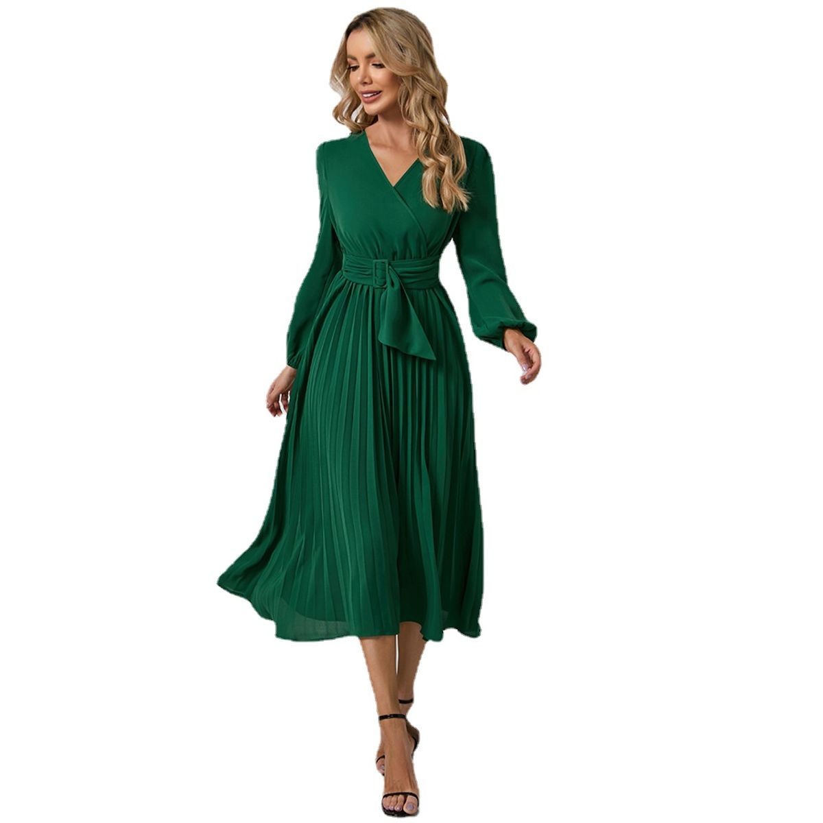 TIOZONEY - Vestido Largo  manga larga Mujer- Verde