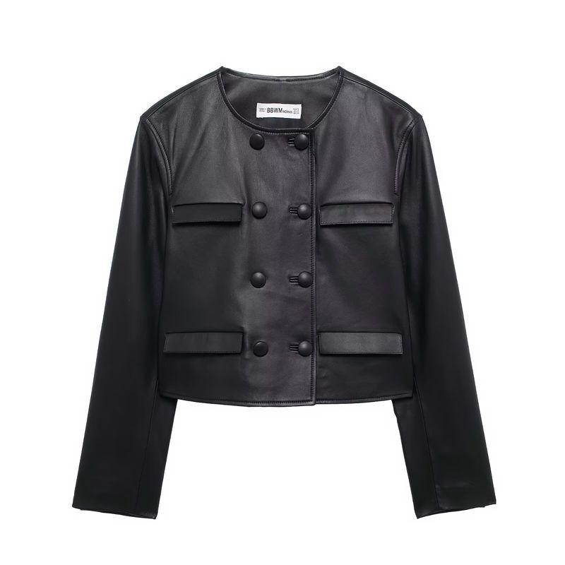 TIOZONEY - Chaqueta de cuero genuino negro para mujer