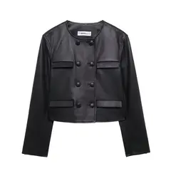 TIOZONEY - Chaqueta de cuero genuino negro para mujer