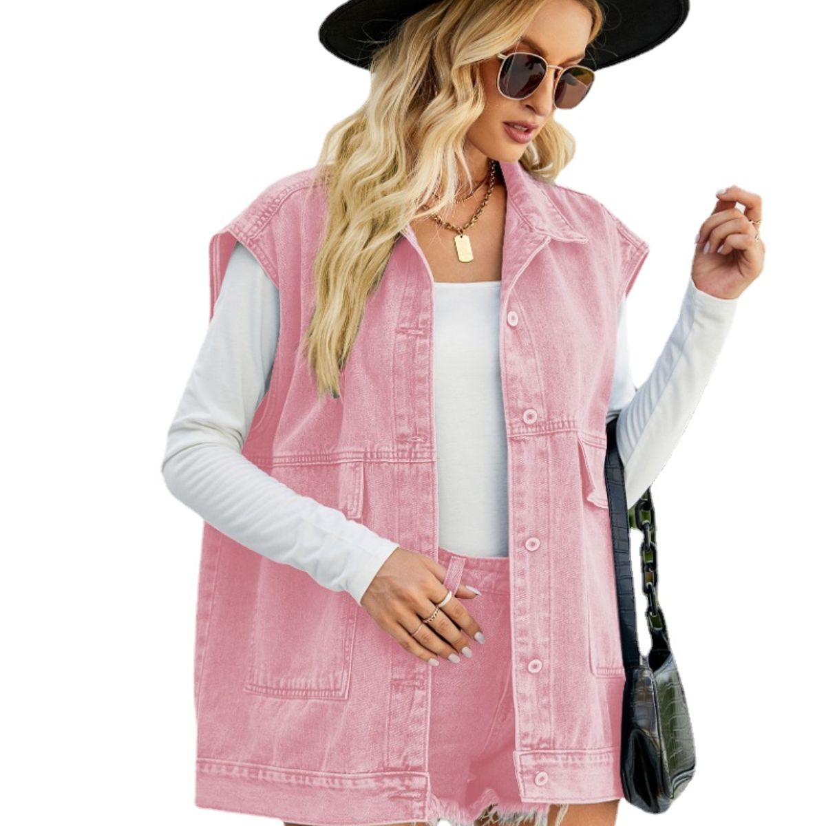 TIOZONEY - Chaqueta Jeans sin mangas Mujer - Rosado