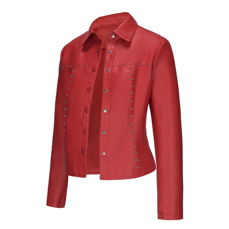 TIOZONEY - Chaqueta de cuero con tachuelas para mujer-Rojo