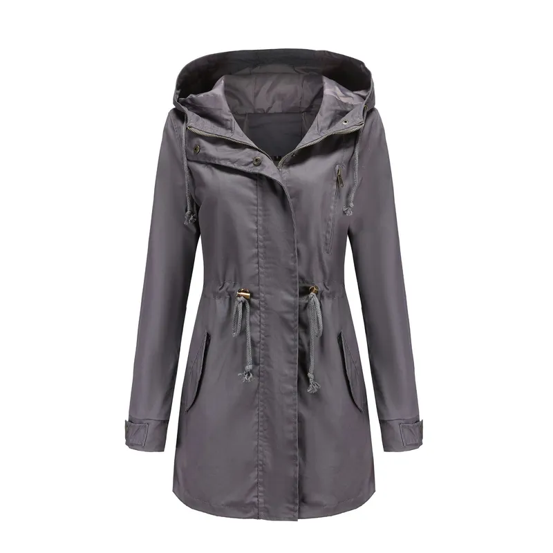 TIOZONEY - Cortavientos largo con gorro para mujer - Gris Oscuro