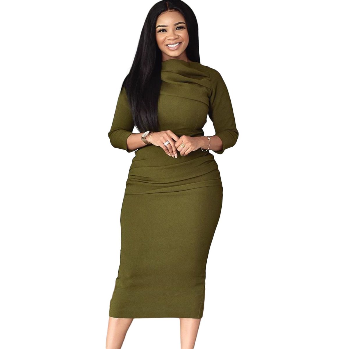 TIOZONEY - Vestido plisado verde de mujer