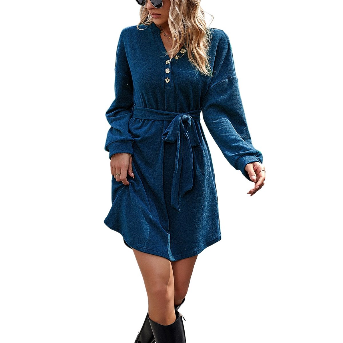 TIOZONEY - Vestido Midi Mujer -Azul