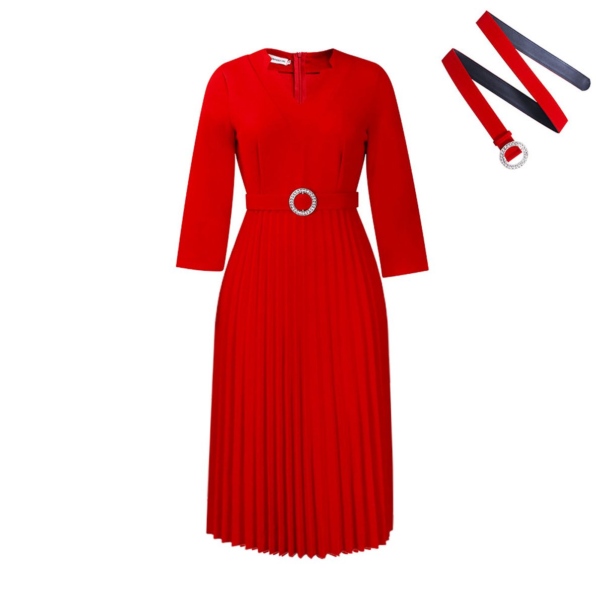 TIOZONEY - Vestido plisado de mujer con cuello en V y cinturón