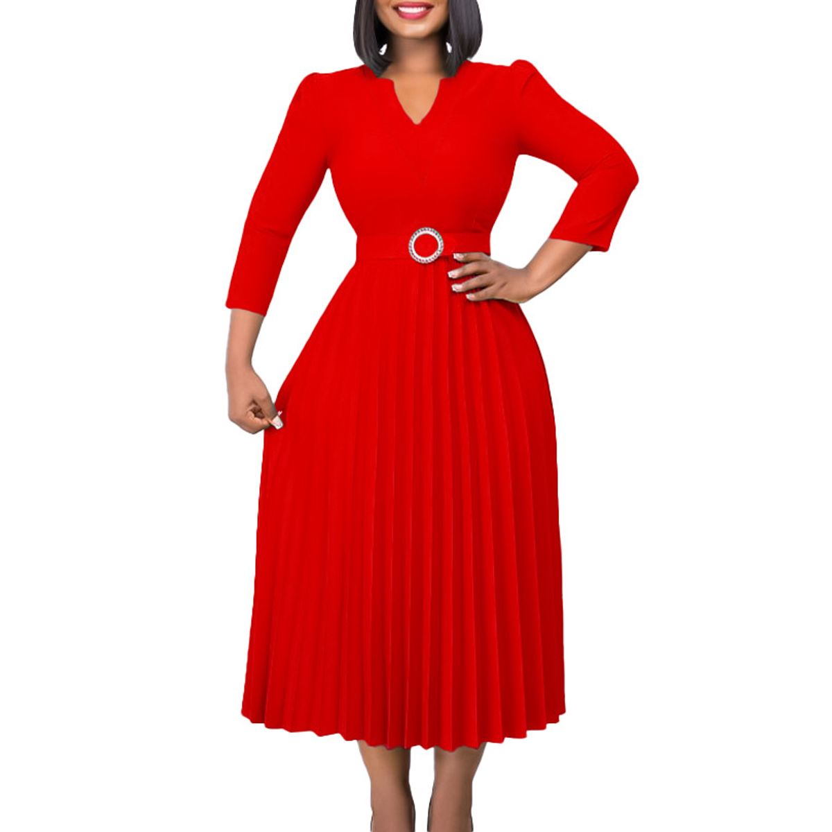 TIOZONEY - Vestido plisado de mujer con cuello en V y cinturón