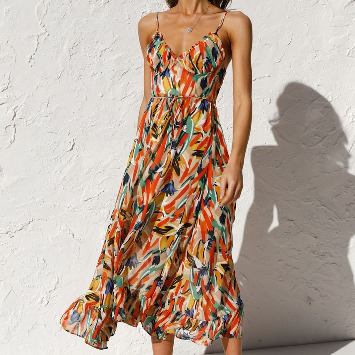 TIOZONEY - Vestido Midi Mujer -Naranja