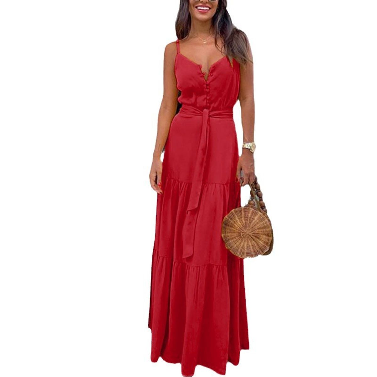 TIOZONEY - Vestido Largo Mujer-Rojo