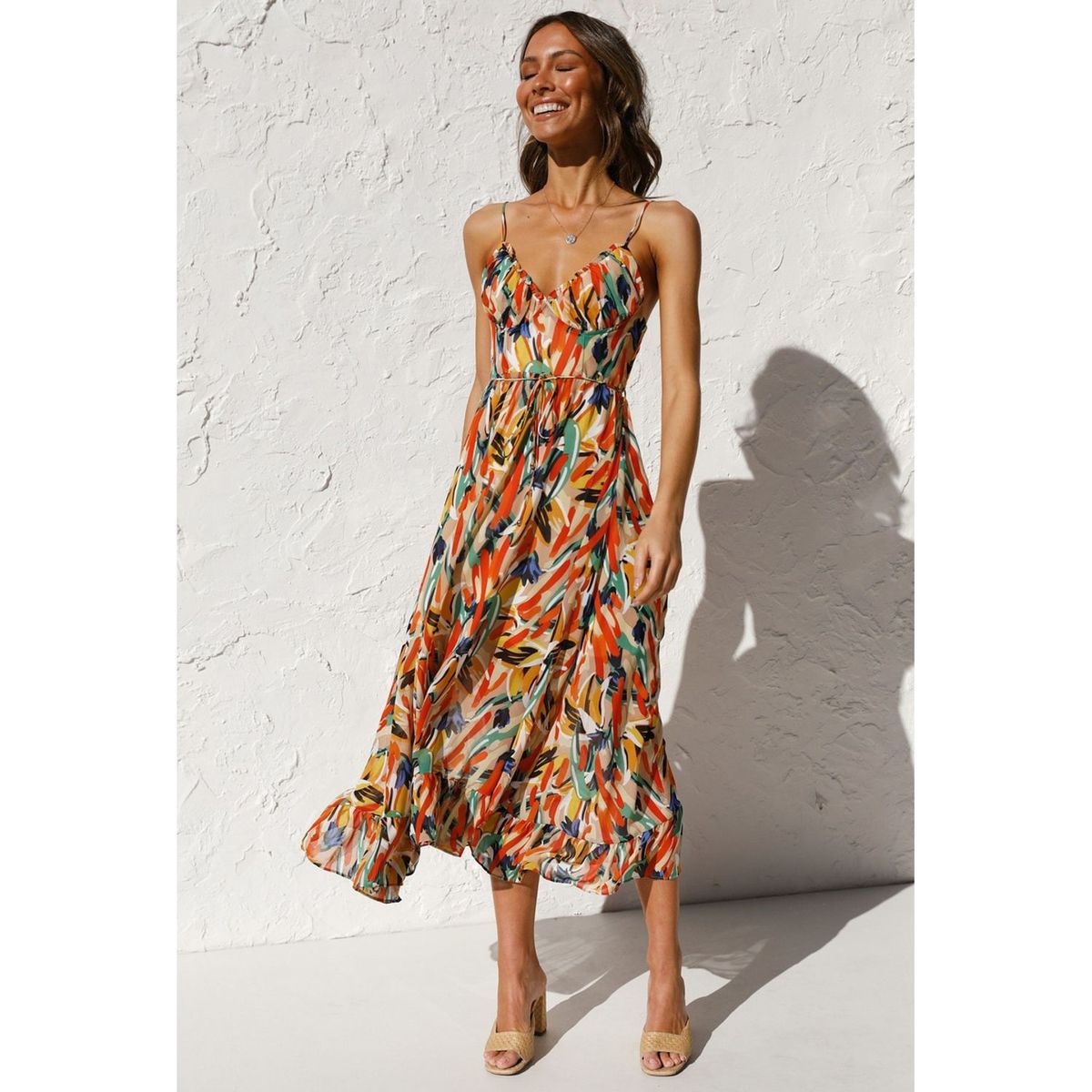 TIOZONEY - Vestido Midi Mujer -Naranja
