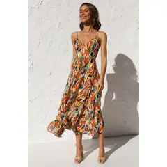 TIOZONEY - Vestido Midi Mujer -Naranja