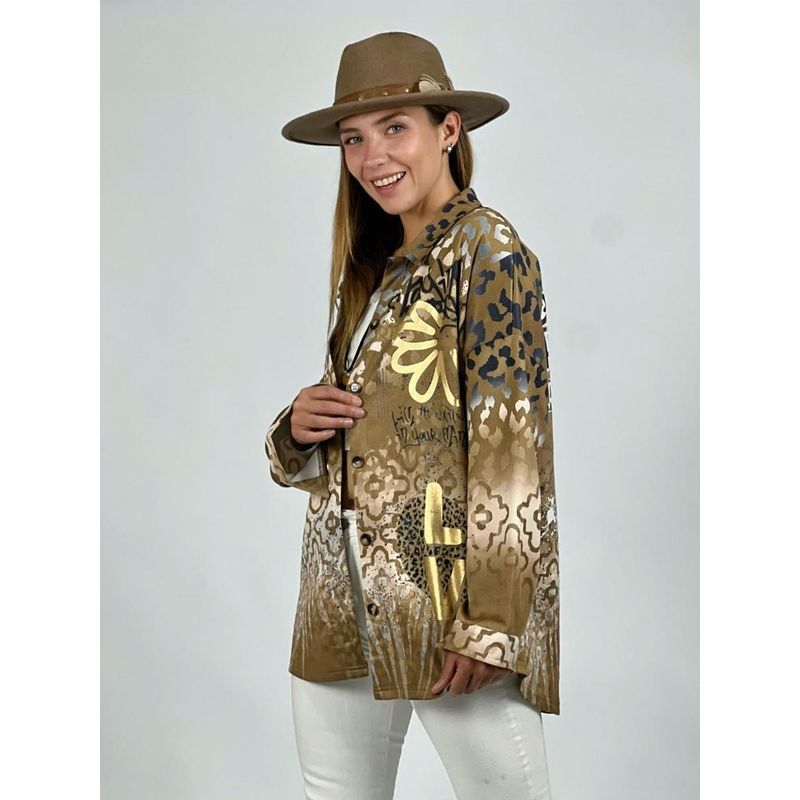ENIGMATICA BOUTIQUE - Chaqueta Delgada de Gamuza Print con Flores Café