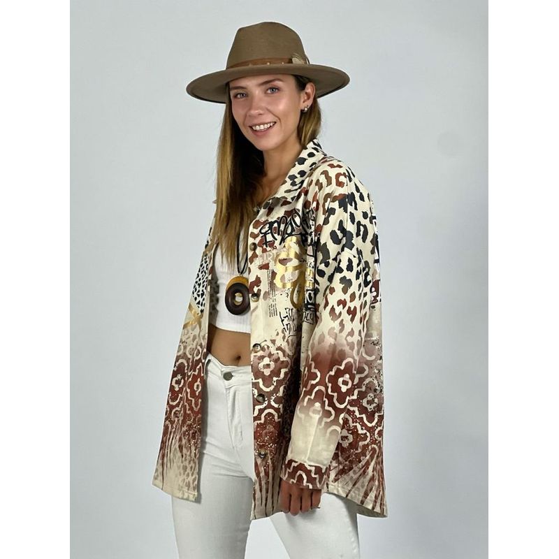 ENIGMATICA BOUTIQUE - Chaqueta Delgada de Gamuza Print con Flores Café
