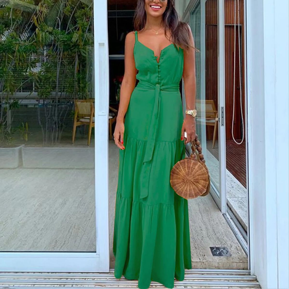 TIOZONEY - Vestido Largo Mujer-Verde