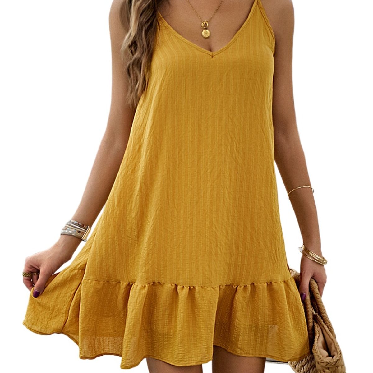 TIOZONEY - Vestido Midi Mujer -Amarillo
