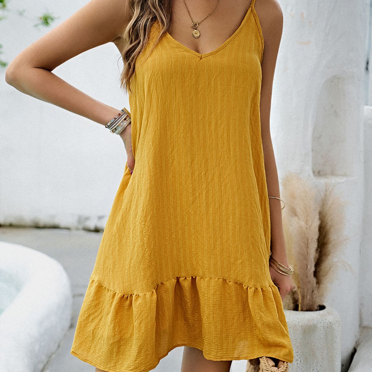 TIOZONEY - Vestido Midi Mujer -Amarillo