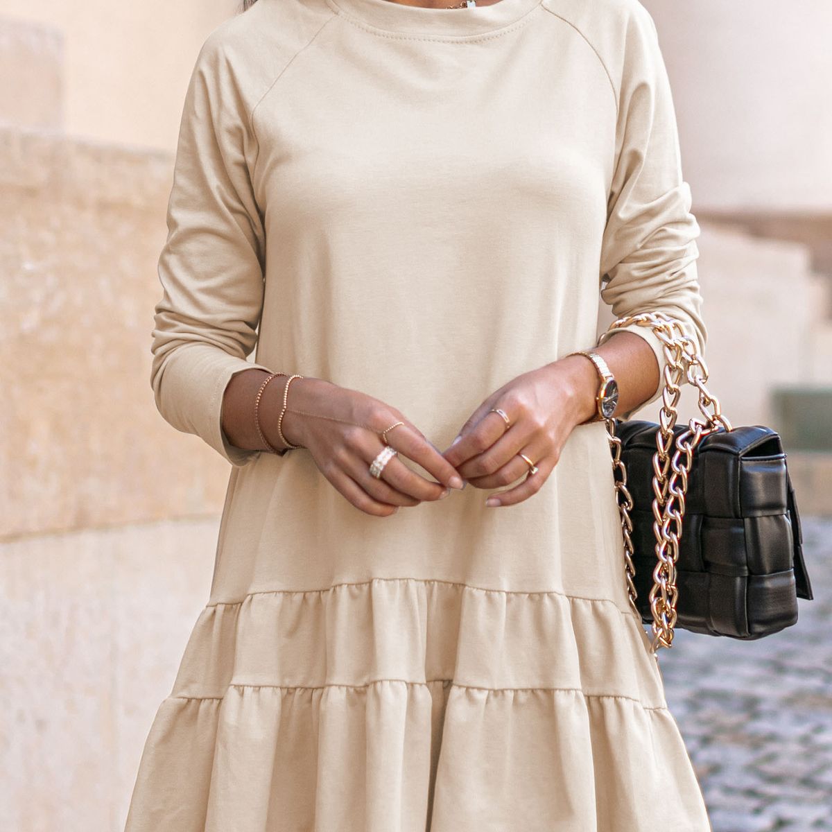 TIOZONEY - Vestido Midi Mujer -Beige