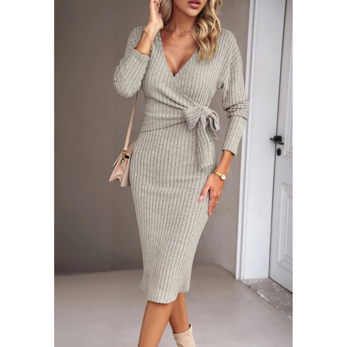 TIOZONEY - Vestido Midi Mujer -Beige