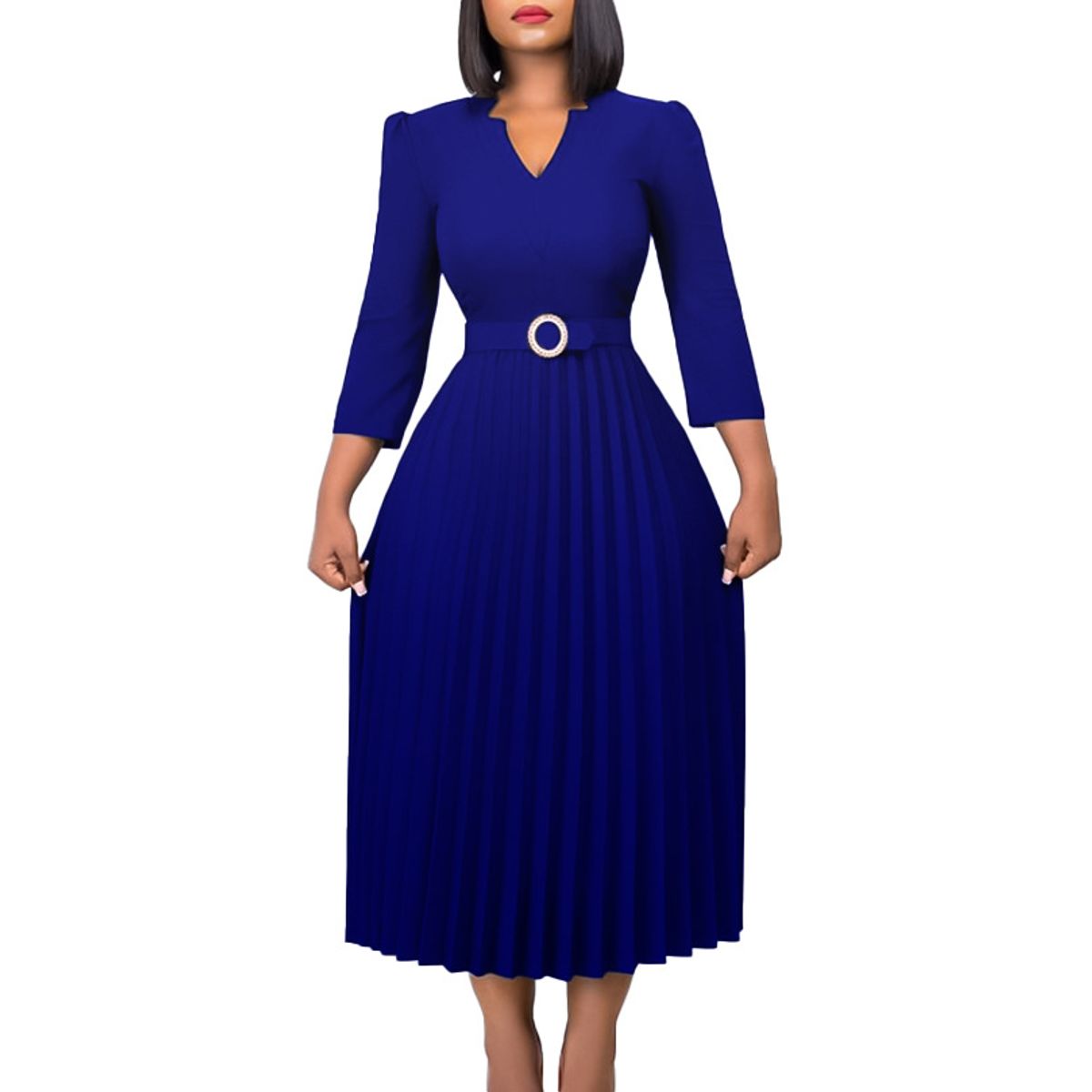 TIOZONEY - Vestido plisado de mujer con cuello en V y cinturón