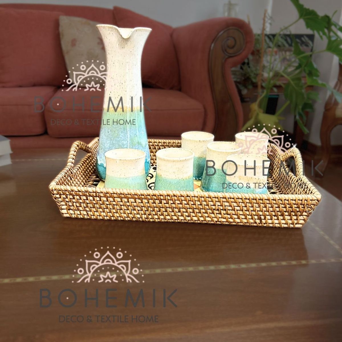 BOHEMIK - Pack Cocktail Set Jarra y Vasos para Pisco Sour Esmeralda y Bandeja EMA