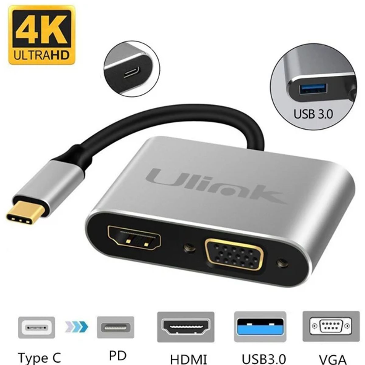 ULINK - Hub Adaptador 4 en 1 USB-C a HDMI 4K + VGA + USB 3.0+ USB C