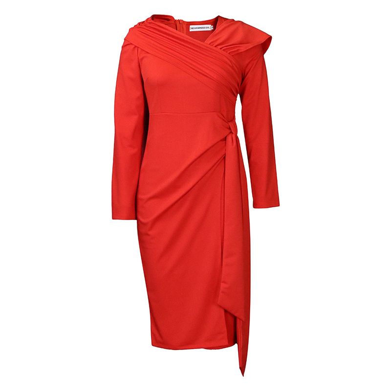 TIOZONEY - Vestido plisado de manga larga y cuello inclinado para mujer